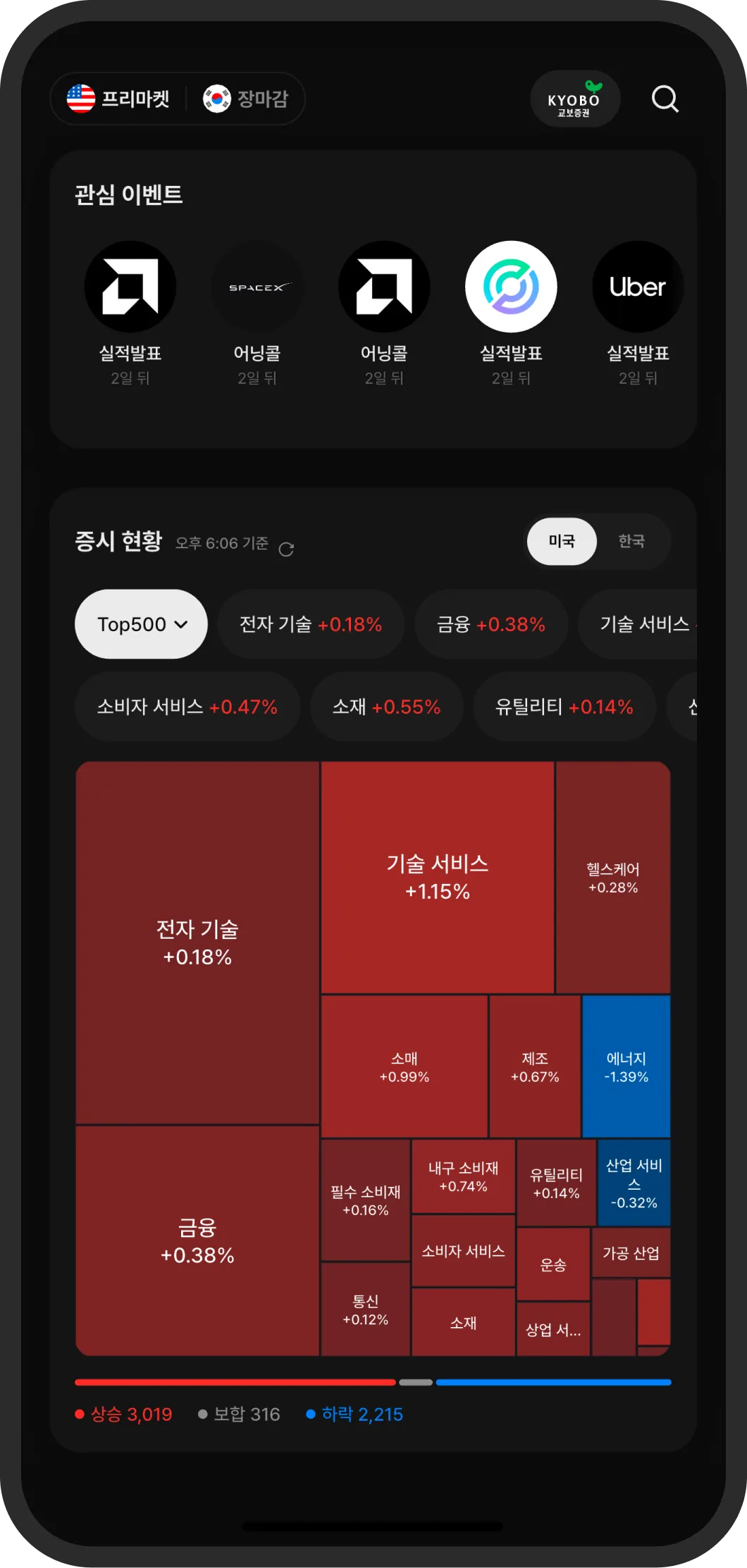 모바일 앱 화면 예시: 와치리스트 종목의 등락률과 최신 속보가 함께 표시된 휴대폰 화면